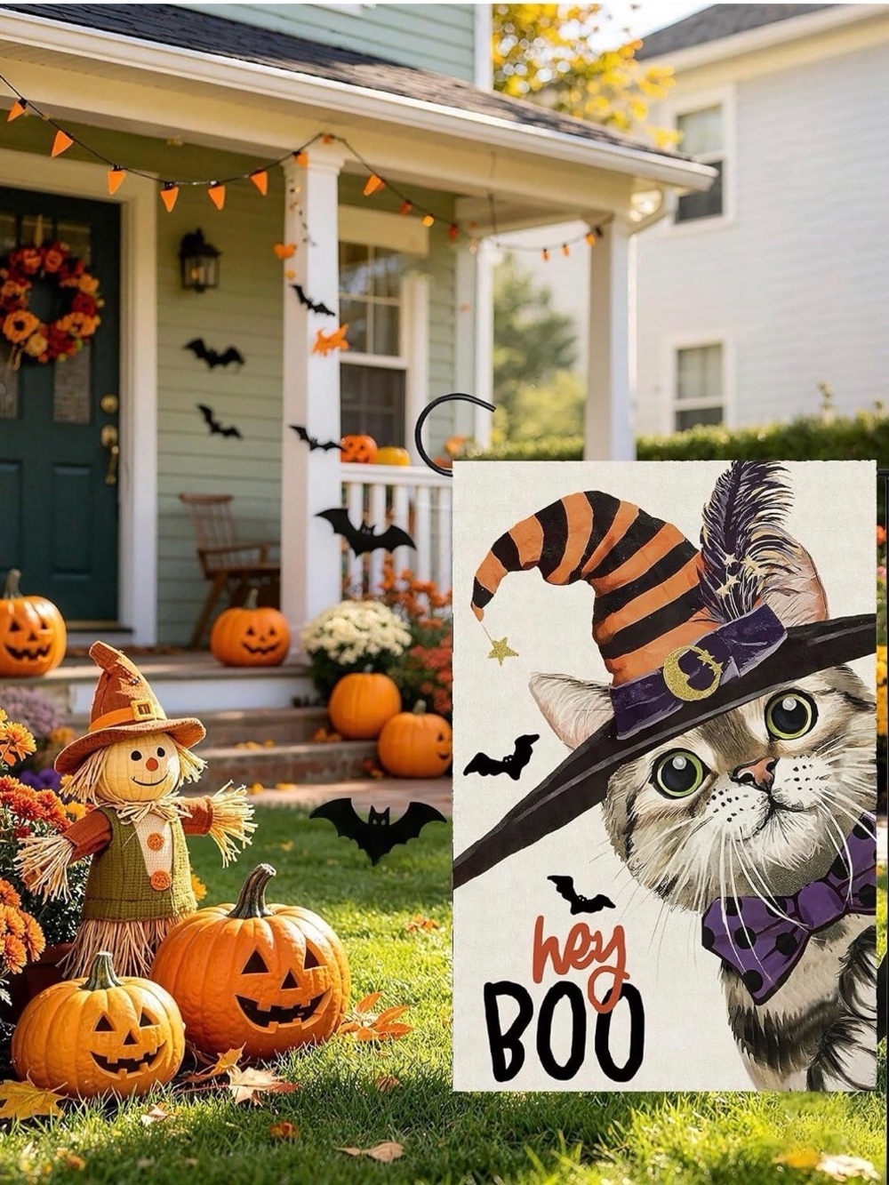 Halloween Cat Garden Flag - Orange & Black Boo Design